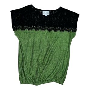Vintage Green and Black Top with Black Lace Shoulders Size Small